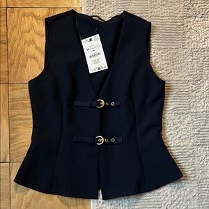 BNWT Zara Navy Sleeveless Vest with Gold Buckles